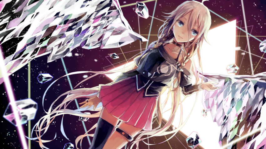 1girl bare_shoulders blue_eyes braid collarbone commentary_request crimsonseed expressionless eyebrows_visible_through_hair hair_between_eyes highres ia_(vocaloid) jewelry long_hair off_shoulder pink_skirt pleated_skirt ring silver_hair single_thighhigh skirt solo thigh-highs thigh_strap twin_braids vocaloid wings