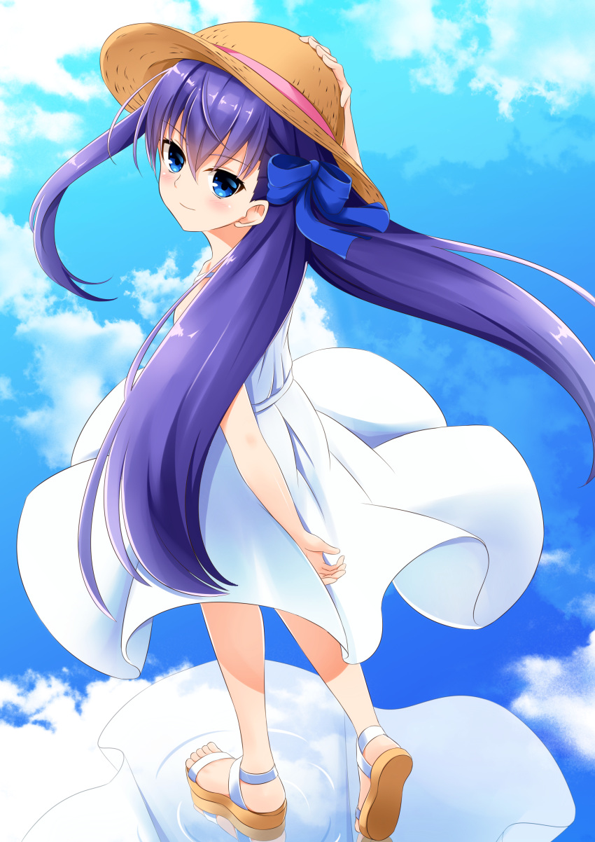 1girl absurdres alternate_costume arm_behind_back arm_up bangs blue_eyes blue_ribbon blue_sky blush brown_hat closed_mouth clouds cloudy_sky commentary_request day dress eyebrows_visible_through_hair fate/extra fate/extra_ccc fate_(series) floating_hair from_above full_body hair_between_eyes hair_ribbon hand_on_headwear hat highres light_smile long_hair looking_at_viewer looking_back looking_up meltlilith morokoshi_(tekku) outdoors purple_hair reflection ribbon ripples sandals shiny shiny_hair short_dress sky sleeveless sleeveless_dress solo straw_hat sun_hat walking walking_on_liquid water white_dress wind wind_lift