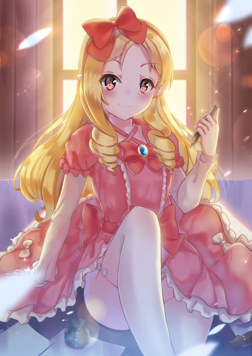 1girl absurdres arm_support art_brush backlighting bangs blonde_hair blush bow bowtie brooch center_frills closed_mouth commentary criss-cross_halter day dress drill_hair eromanga_sensei eyebrows_visible_through_hair frilled_dress frills hair_bow hairband halterneck hand_up highres holding holding_pen holmemee indoors ink_bottle jewelry knee_up lens_flare lolita_fashion long_hair long_sleeves looking_at_viewer motion_blur no_panties paintbrush paper parted_bangs pen pink_eyes pointy_ears puffy_short_sleeves puffy_sleeves red_bow red_bowtie red_hairband shiny shiny_hair short_over_long_sleeves short_sleeves sidelocks sitting skindentation smile solo sparkle stylus sunlight thigh-highs twin_drills white_bow white_legwear window wooden_wall yamada_elf