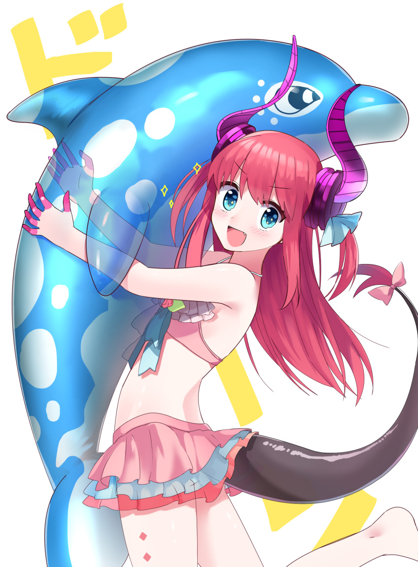 &gt;:d 1girl :d absurdres bangs bare_legs barefoot bikini bikini_skirt blue_eyes blush bow commentary_request cowboy_shot curled_horns dragon_tail fang fate/extra fate/extra_ccc fate_(series) flat_chest highres holding horns inflatable_dolphin inflatable_toy lancer_(fate/extra_ccc) layered_bikini leg_up long_hair looking_at_viewer looking_to_the_side open_mouth outstretched_arms pink_bikini pink_bow redhead sakana_(14894735) simple_background smile solo sparkle standing standing_on_one_leg swimsuit tail tail_bow tareme transparent two_side_up type-moon very_long_hair white_background