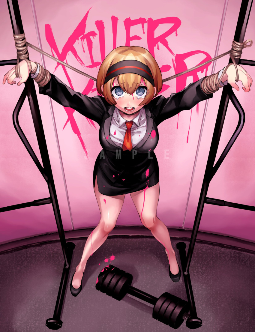1girl asano_misaki_(dangan_ronpa) black_suit blonde_hair blood blood_on_face bob_cut bound bound_wrists dangan_ronpa dangan_ronpa_gaiden:_killer_killer dumbbell formal headband highres looking_at_viewer necktie official_art open_mouth pigeon-toed pink_blood red_necktie sasami_(ki) short_hair skirt_suit suit tears tied_up watermark