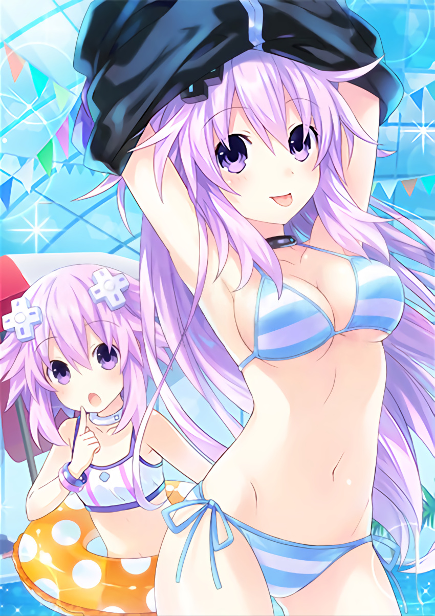 2girls :d :o adult_neptune armpits arms_up bikini bracelet breasts choker cleavage d-pad finger_to_mouth groin hair_ornament highres innertube jewelry long_hair medium_breasts multiple_girls navel neptune_(choujigen_game_neptune) neptune_(series) official_art older open_mouth purple_hair resized shin_jigen_game_neptune_vii short_hair side-tie_bikini smile string_bikini striped striped_bikini swimsuit tankini tongue tongue_out tsunako under_boob undressing upscaled violet_eyes waifu2x water