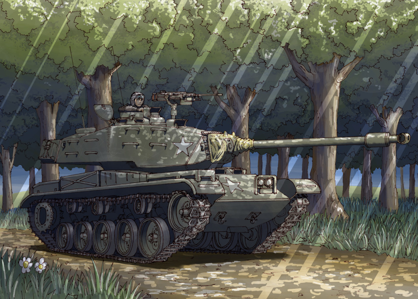 1boy earasensha flower forest grass ground_vehicle gun m41_walker_bulldog machine_gun military military_vehicle motor_vehicle nature original sky tank tree weapon