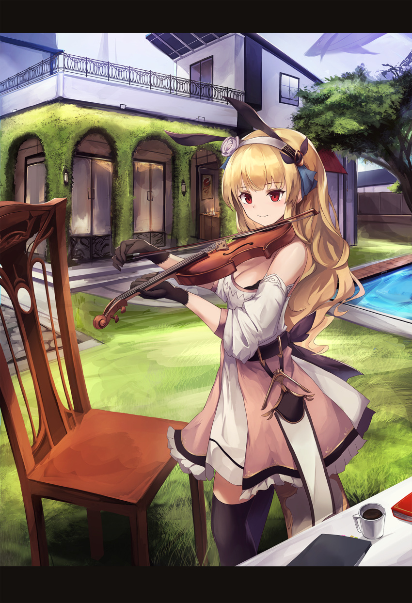 1girl bangs black_gloves black_legwear blonde_hair blush breasts chair cleavage closed_mouth cup eruthika eyebrows_visible_through_hair fantasy gloves hair_ornament hairband highres instrument lace lace-trimmed_gloves letterboxed light_smile long_hair mansion medium_breasts mug music original outdoors playing_instrument red_eyes smile solo standing thigh-highs violin violin_bow