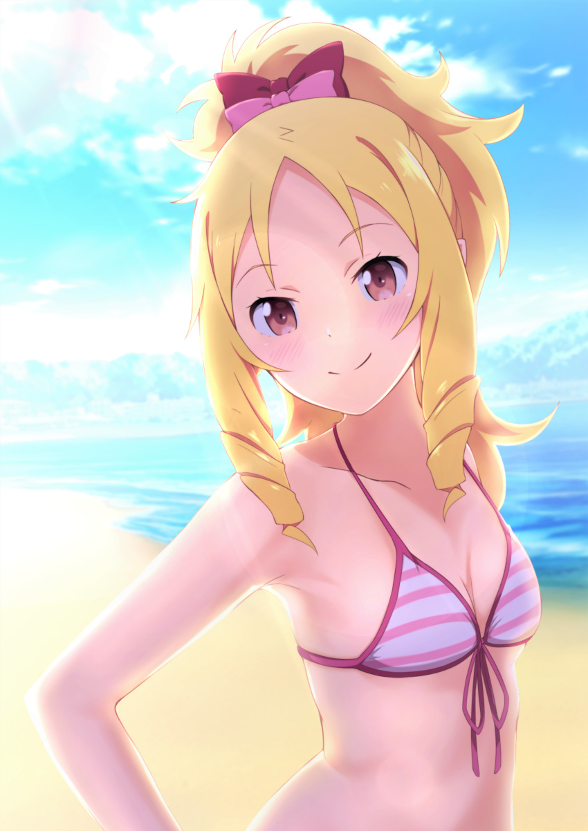 1girl absurdres bare_shoulders beach bikini blonde_hair blush bow breasts cleavage day drill_hair drill_locks eromanga_sensei hair_bow highres long_hair looking_to_the_side navel ocean outdoors ponytail red_eyes shadow sky small_breasts smile solo striped striped_bikini striped_bikini_top swimsuit taka-chan upper_body yamada_elf