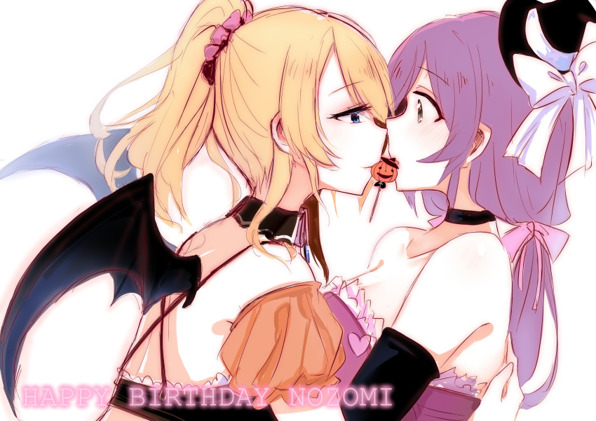 2girls absurdres ayase_eli bat_wings birthday blonde_hair blue_eyes blush breasts candy choker detached_sleeves dress elbow_gloves food gloves hair_ornament hair_scrunchie happy_birthday heart highres jack-o'-lantern large_breasts lollipop love_live! love_live!_school_idol_project low_twintails multiple_girls ponytail purple_hair ren. scrunchie sharing_food sleeveless sleeveless_dress strapless strapless_dress toujou_nozomi twintails white_background wings yuri