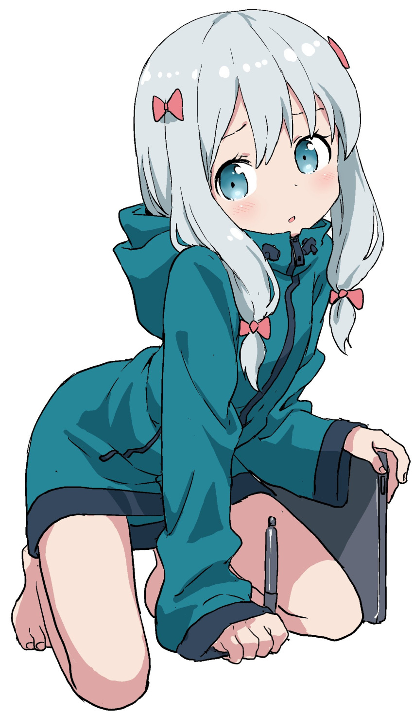 1girl :o absurdres aqua_jacket bangs bare_legs barefoot blue_eyes bow commentary_request eromanga_sensei full_body hair_bow highres holding hood hood_down hooded_track_jacket izumi_sagiri jacket kneeling legs_apart looking_at_viewer no_pants parted_lips red_bow short_hair_with_long_locks silver_hair simple_background solo stylus tablet tareme track_jacket white_background yamamoto_souichirou zipper