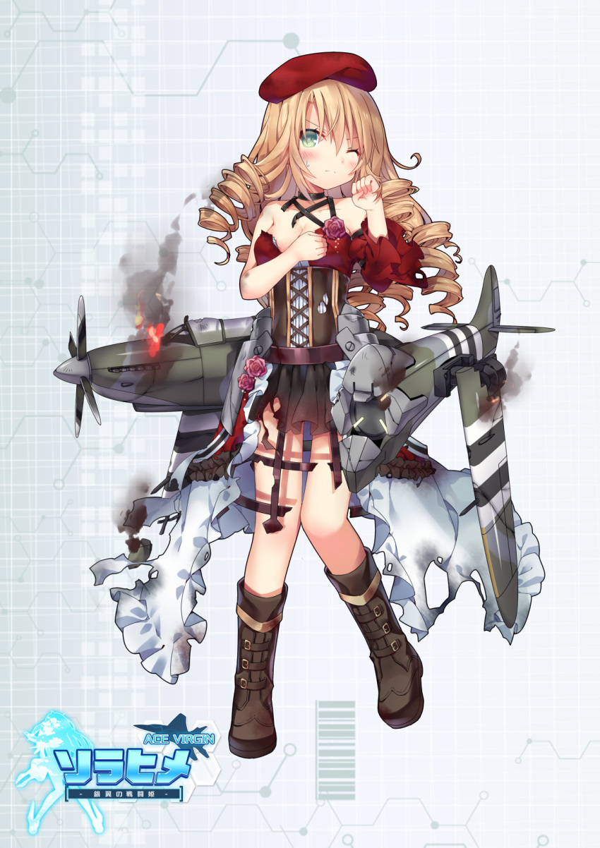 1girl ace_virgin aqua_eyes bare_shoulders beret blonde_hair cockpit collarbone corset damaged detached_sleeves drill_hair fire flame full_body hat highres jiang-ge open_mouth personification propeller skirt smile solo spitfire_(airplane) standing sword torn_clothes weapon wince wings