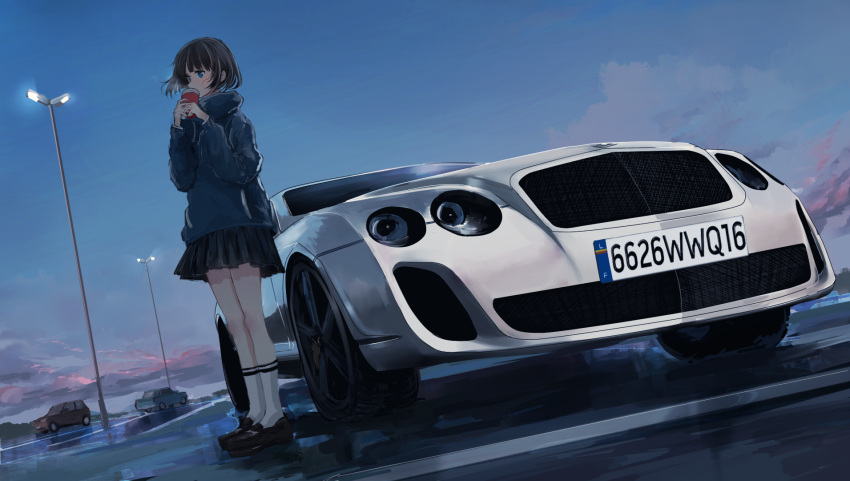 1girl bentley_continental_gt black_hair black_shoes black_skirt blue_eyes blush bob_cut car cup dutch_angle evening ground_vehicle hands_up highres holding holding_cup hood hoodie legs_together loafers looking_to_the_side motor_vehicle original outdoors parking_lot scenery school_uniform shoes short_hair skirt socks solo standing swav white_legwear