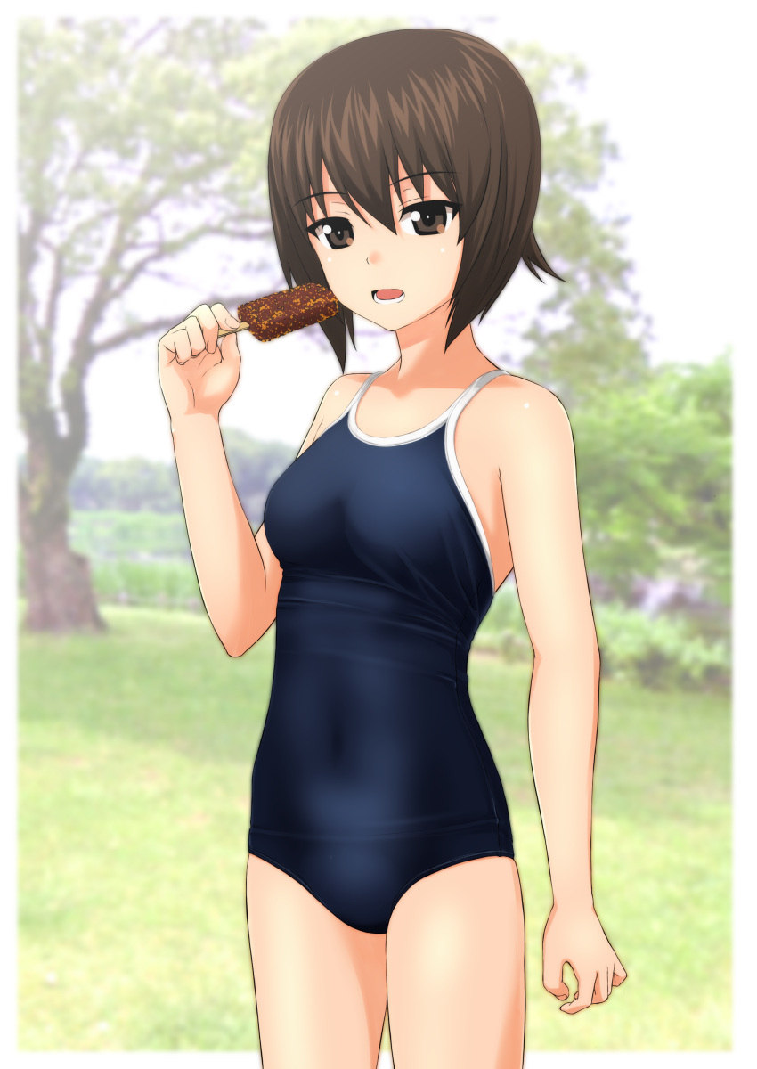 1girl absurdres black_hair blue_swimsuit brown_eyes competition_school_swimsuit cowboy_shot food girls_und_panzer highres looking_at_viewer nishizumi_maho one-piece_swimsuit open_mouth photo_background popsicle school_swimsuit short_hair solo standing swimsuit takafumi