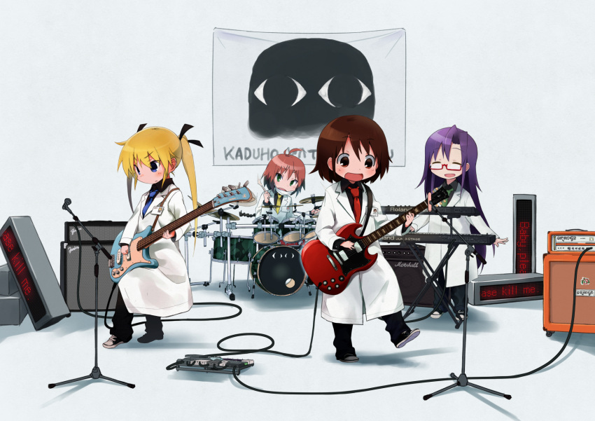4girls ahoge alternate_costume amplifier bass_guitar black_ribbon blonde_hair blue_eyes blue_necktie blush brown_eyes brown_hair commentary_request converse drum drum_set drumming drumsticks eyebrows_visible_through_hair glasses goshiki_agiri green_eyes green_necktie guitar hair_ribbon highres holding_instrument id_card instrument keyboard_(instrument) kill_me_baby labcoat long_hair looking_at_viewer looking_away looking_down microphone microphone_stand multicolored_hair multiple_girls necktie okayparium open_mouth oribe_yasuna plectrum purple_hair red_necktie redhead ribbon shoes short_hair smile sneakers sonya_(kill_me_baby) twintails unused_character yellow_necktie