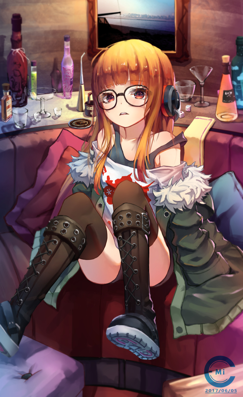 1girl absurdres alcohol arms_at_sides bangs bar bare_shoulders black-framed_eyewear black_legwear blunt_bangs boots bottle c.mi cocktail_glass convenient_leg couch cross-laced_footwear cup dated dice drinking_glass frown fur-trimmed_jacket fur_trim glasses green_jacket headphones highres jacket knee_boots lace-up_boots layered_clothing legs_up long_hair looking_at_viewer off_shoulder open_clothes open_jacket orange_eyes orange_hair painting_(object) parted_lips persona persona_5 pillow print_shirt sakura_futaba shirt shoe_soles shorts sitting solo strap_slip tank_top thigh-highs