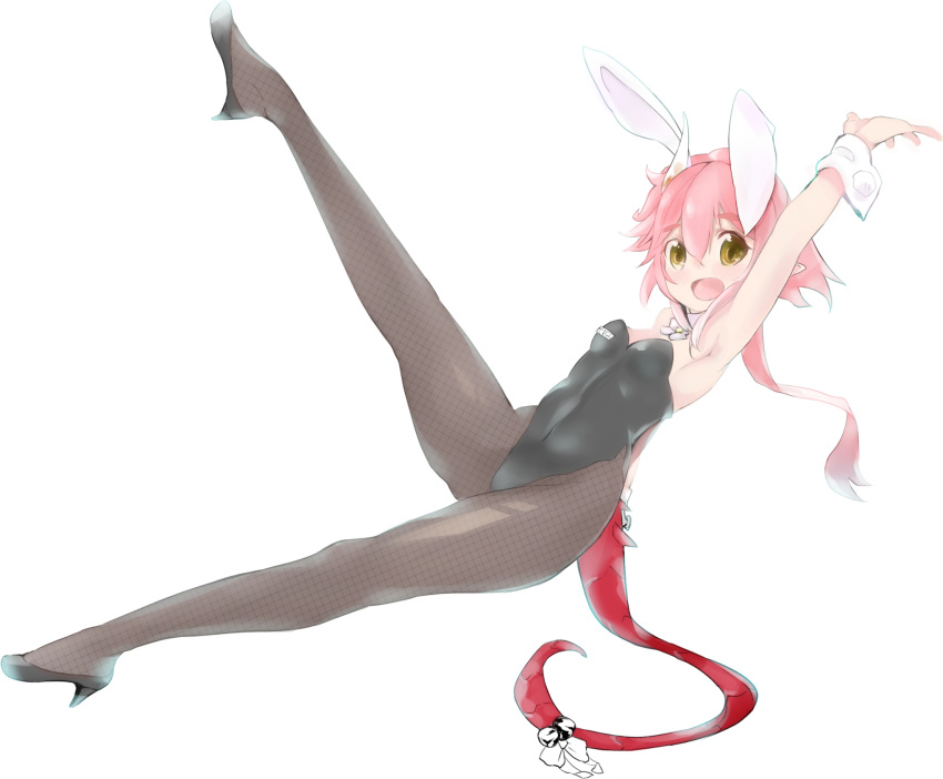 1girl animal_ears armpits bare_shoulders breasts brown_eyes bunnysuit character_request cuffs fishnet_pantyhose fishnets high_heels highres leg_up long_hair looking_at_viewer pantyhose pink_hair pointy_ears rabbit_ears simple_background small_breasts smile solo white_background