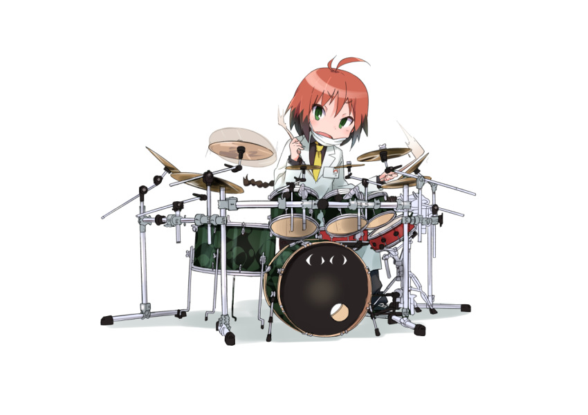 1girl ahoge blush brown_hair drum drum_set drumming drumsticks eyebrows_visible_through_hair green_eyes id_card instrument kill_me_baby labcoat long_hair looking_at_viewer multicolored_hair necktie okayparium open_mouth redhead solo transparent_background unused_character yellow_necktie