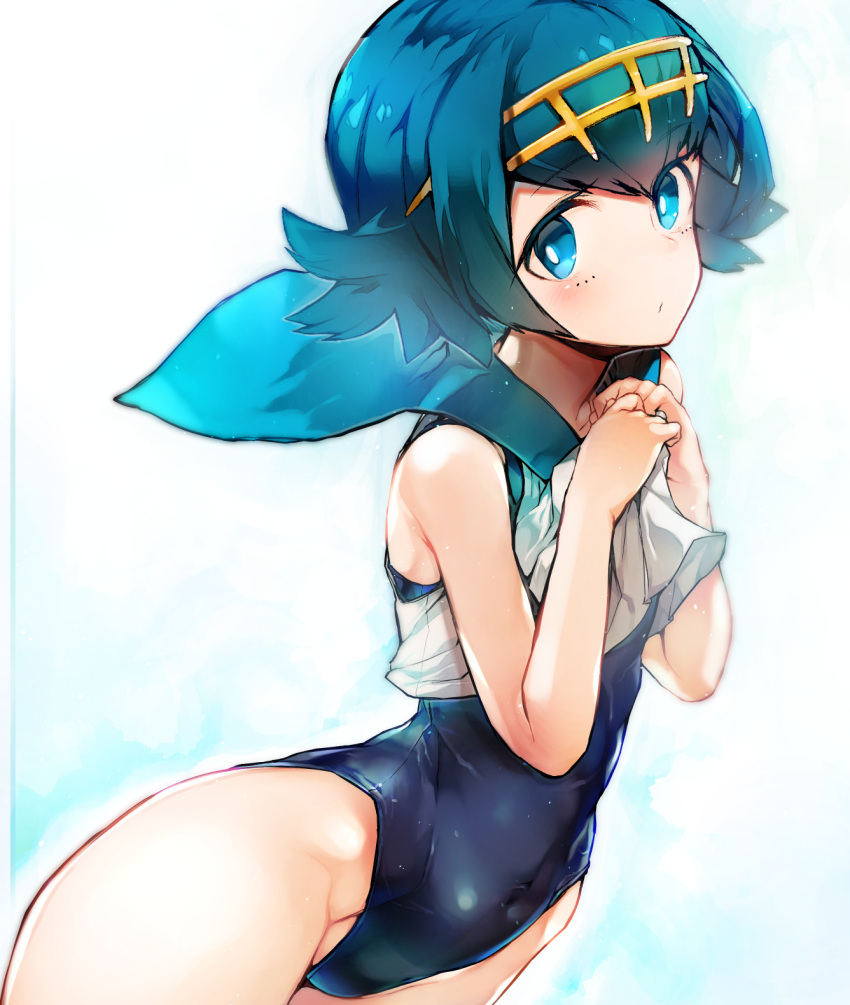 1girl blue_eyes blue_hair garakuta highres looking_at_viewer one-piece_swimsuit pokemon pokemon_(game) pokemon_sm sailor_collar short_hair solo suiren_(pokemon) swimsuit swimsuit_under_clothes upper_body