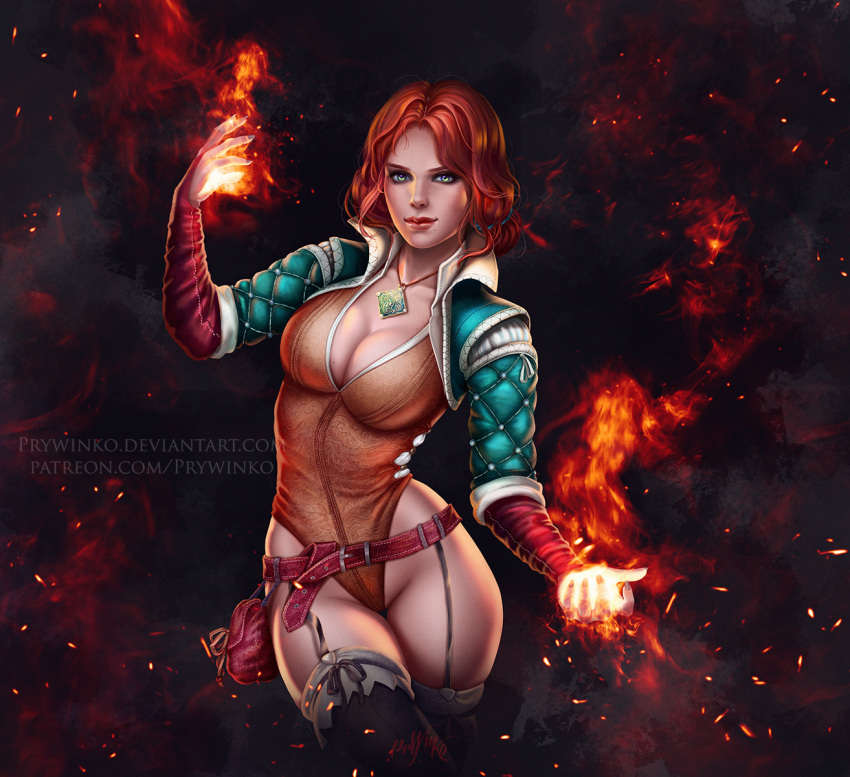 1girl belt breasts bridal_gauntlets cleavage fire garter_straps green_eyes hair_ribbon highres jewelry large_breasts leotard looking_at_viewer magic necklace olga_narhova pouch redhead ribbon short_hair signature solo the_witcher thigh-highs triss_merigold watermark web_address