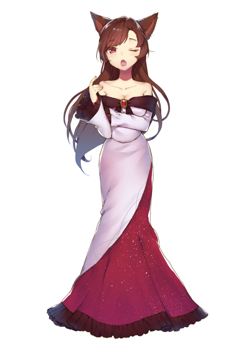 1girl acidear animal_ears bangs bare_shoulders breasts brooch brown_hair cleavage collarbone dress full_body highres imaizumi_kagerou jewelry long_hair long_sleeves looking_at_viewer medium_breasts one_eye_closed open_mouth red_dress red_eyes simple_background solo swept_bangs touhou white_background white_dress wide_sleeves wolf_ears