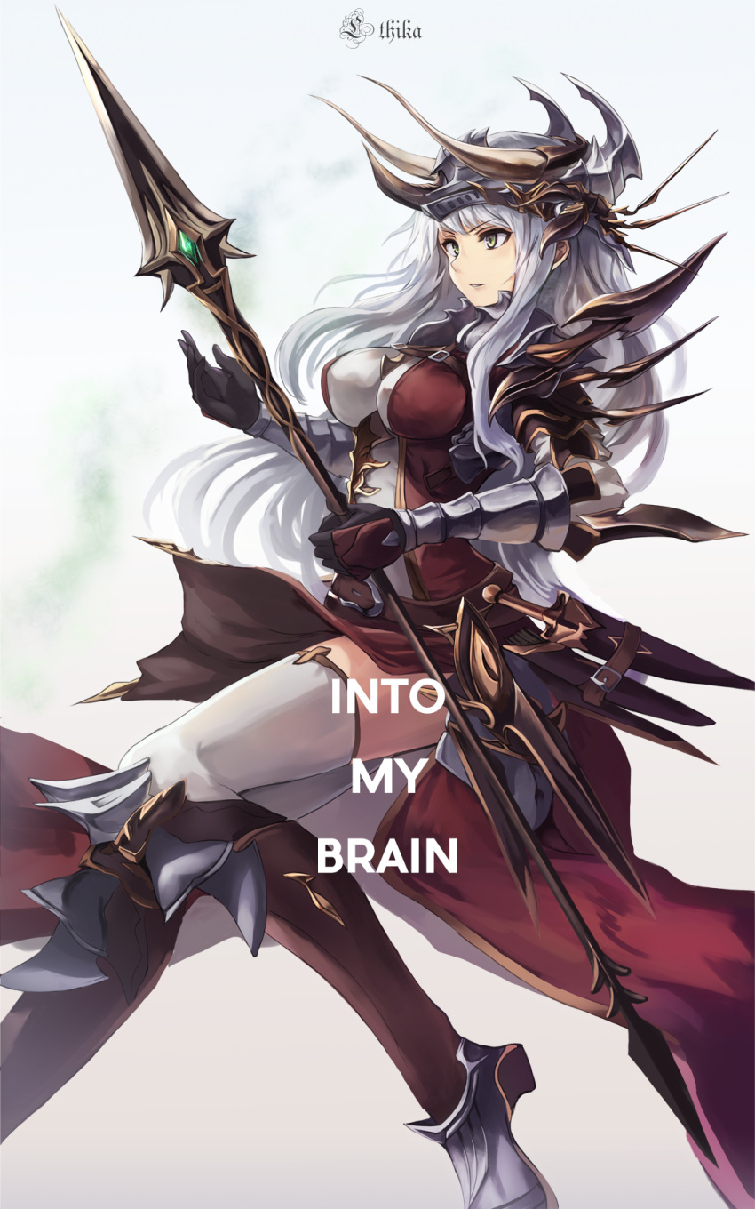 1girl armor artist_name bangs black_gloves breasts eruthika eyebrows_visible_through_hair fantasy from_side gloves green_eyes grey_hair hand_up helmet highres holding holding_staff horns long_hair medium_breasts original parted_lips solo staff thigh-highs vambraces very_long_hair white_legwear