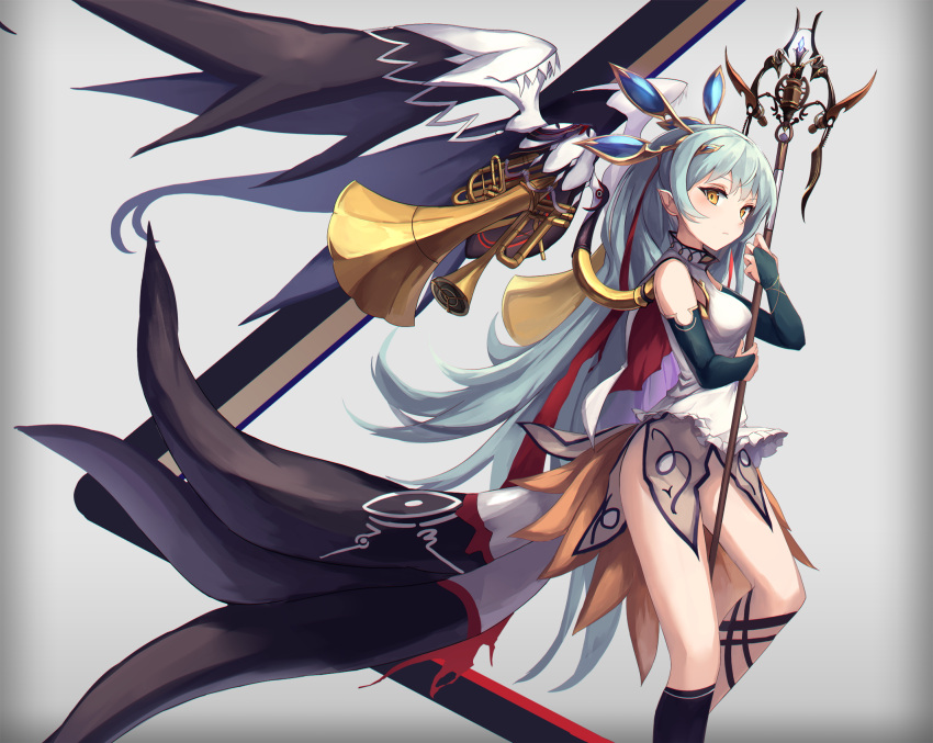 1girl aqua_hair bangs black_legwear breasts detached_sleeves eruthika expressionless fantasy frills hair_ornament highres holding holding_staff kneehighs long_hair looking_at_viewer medium_breasts original sidelocks single_kneehigh solo staff thigh-highs very_long_hair vest yellow_eyes