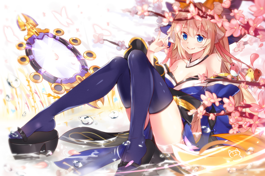1girl bare_shoulders bird black_legwear blonde_hair blue_bow blue_eyes blush bow branch breasts bubble character_request cleavage cosplay eyebrows_visible_through_hair fang fate/extra fate_(series) hair_bow highres long_hair looking_away medium_breasts mirror nahaki one_eye_closed open_mouth petals sitting smile solo tamamo_(fate)_(all) tamamo_no_mae_(fate) tamamo_no_mae_(fate)_(cosplay) thigh-highs