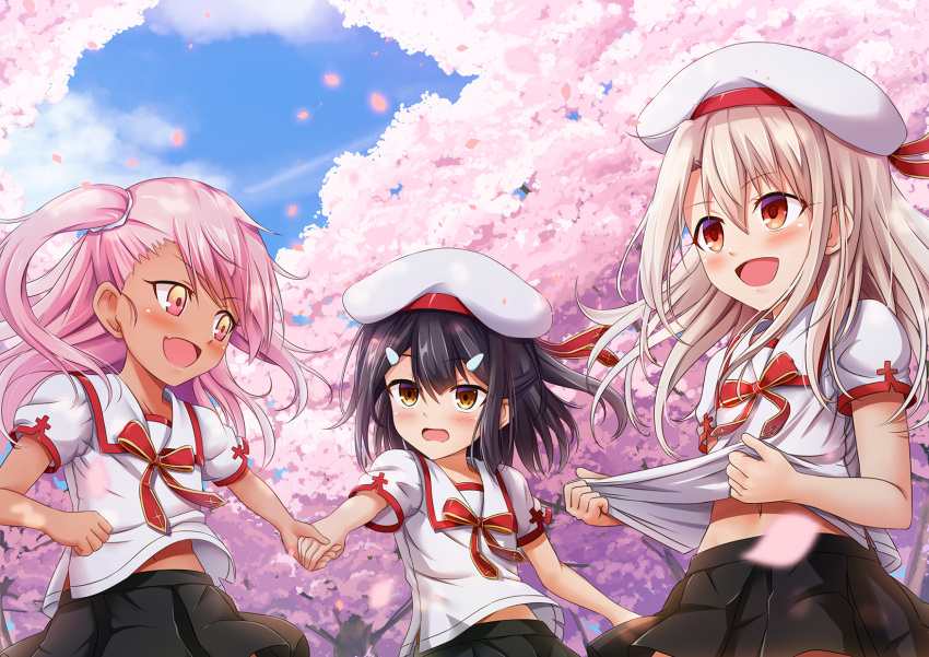 3girls :d asymmetrical_bangs bangs beret black_hair black_skirt blonde_hair blue_sky blush brown_eyes cherry_blossoms chloe_von_einzbern clenched_hand clouds commentary_request dappled_sunlight dark_skin day eyebrows_visible_through_hair fang fate/kaleid_liner_prisma_illya fate_(series) gradient_eyes grey_hat hair_between_eyes hair_ornament hair_scrunchie hairclip hand_holding hat hat_ribbon highres illyasviel_von_einzbern long_hair looking_at_another looking_away miyu_edelfelt morokoshi_(tekku) motion_blur multicolored multicolored_eyes multiple_girls navel neck_ribbon open_mouth outdoors outstretched_arm petals pink_eyes pink_hair pleated_skirt pulling red_eyes red_ribbon ribbon school_uniform scrunchie serafuku shiny shiny_hair shirt_lift short_sleeves side_ponytail skirt sky smile sunlight tree wind yellow_eyes