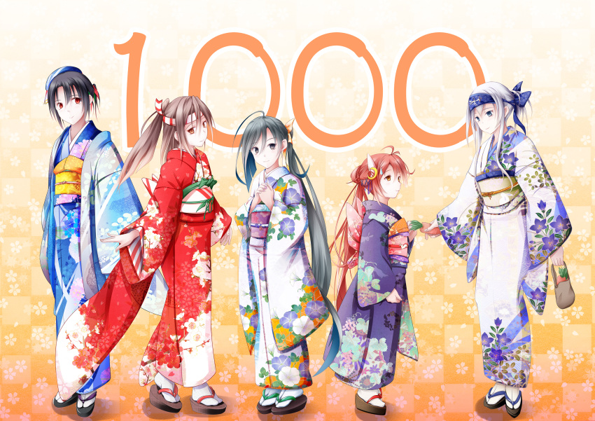 10s 5girls absurdres alternate_hairstyle bag bandanna black_hair blue_eyes blue_kimono brown_hair carrot floral_print fudo_shin full_body grey_eyes grey_hair headband highres japanese_clothes kamoi_(kantai_collection) kantai_collection kimono kiyoshimo_(kantai_collection) long_hair low_ponytail multiple_girls number obi ponytail purple_kimono red_eyes red_kimono redhead sandals sash short_hair socks standing sweatdrop takao_(kantai_collection) uzuki_(kantai_collection) white_hair white_kimono white_legwear zuihou_(kantai_collection)