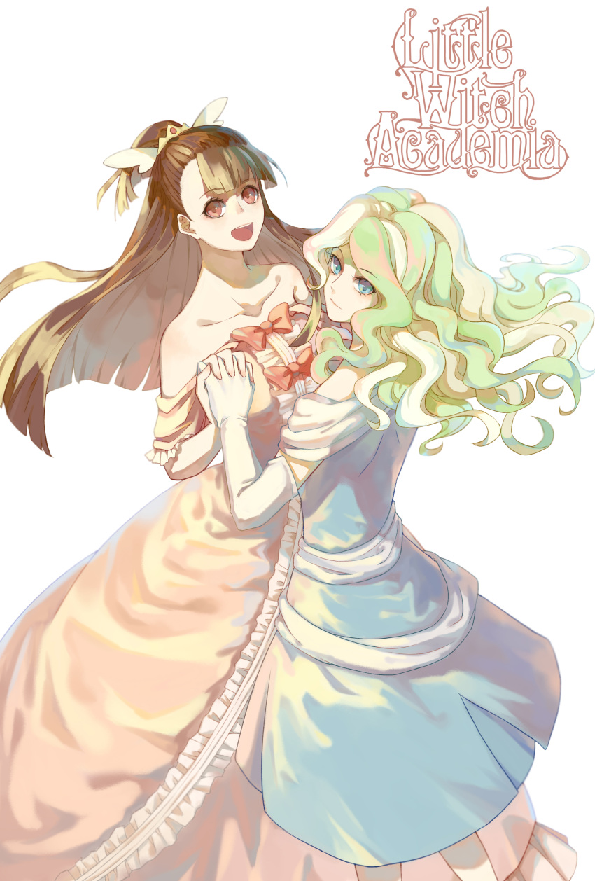 2girls :d absurdres alternate_costume bare_shoulders blonde_hair blue_dress blue_eyes blush bow brown_hair c: closed_mouth collarbone copyright_name diana_cavendish dress elbow_gloves female floating_hair formal from_above gloves green_hair hair_ornament hand_holding hangyifan97 happy highres interlocked_fingers kagari_atsuko little_witch_academia long_dress long_hair looking_at_viewer looking_back looking_up multicolored multicolored_hair multiple_girls mutual_yuri neck off-shoulder_dress open_mouth orange_bow orange_dress red_eyes simple_background smile standing two-tone_hair wavy_hair white_background white_gloves yuri