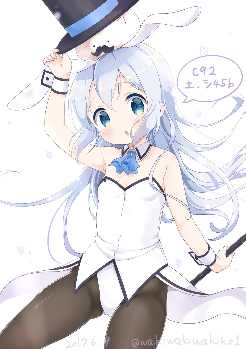 1girl absurdres animal_ears arm_up armpits bare_shoulders black_legwear blue_eyes blue_hair bunnysuit cane chestnut_mouth dated detached_collar fake_animal_ears gochuumon_wa_usagi_desu_ka? hat headwear_removed highres kafuu_chino leotard long_hair neki_(wakiko) open_mouth pantyhose rabbit_ears shirt signature strapless strapless_leotard tippy_(gochiusa) top_hat twitter_username white_leotard white_shirt wrist_cuffs