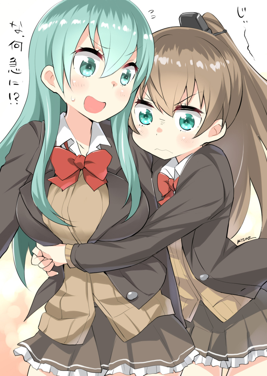 10s 2girls :d angry aqua_eyes aqua_hair artist_name black_jacket blouse blush bow bowtie breast_envy breasts brown_hair brown_jacket brown_skirt brown_sweater cardigan closed_mouth female flat_chest flying_sweatdrops frilled_skirt frills green_eyes green_hair hair_between_eyes highres hug kadokawa_shoten kantai_collection kumano_(kantai_collection) large_breasts long_hair long_sleeves looking_at_another looking_at_breasts matching_hair/eyes multiple_girls neck neck_ribbon open_mouth pleated_skirt ponytail red_bow red_ribbon remodel_(kantai_collection) ribbon ryuki_(ryukisukune) school_uniform shiny shiny_hair skirt standing suzuya_(kantai_collection) sweatdrop sweater translated wavy_mouth white_blouse yuri