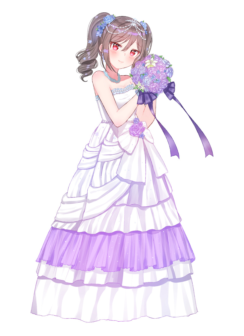 1girl alternate_costume blush bouquet bridal_veil bride carrying commentary_request dress drill_hair flower formal grey_hair groom hair_ornament highres holding idolmaster idolmaster_cinderella_girls kanzaki_ranko looking_at_viewer nerukoru_(gdh1201) pant_suit red_eyes rose smile suit twin_drills twintails veil wedding wedding_dress