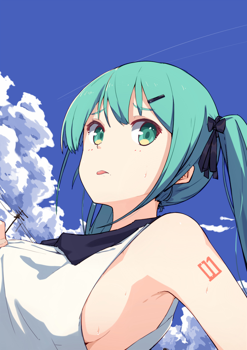 1girl adjusting_clothes alternate_costume aqua_eyes armpits bangs bare_shoulders black_ribbon blue_sky blush breasts close-up clouds collared_shirt commentary condensation_trail day eyebrows_visible_through_hair from_below hair_ornament hair_ribbon hairclip hatsune_miku highres hot long_hair looking_at_viewer outdoors power_lines ribbon shirt sideboob sky sleeveless sleeveless_shirt small_breasts solo sweat tattoo telephone_pole tongue tongue_out twintails upper_body vocaloid white_shirt zhayin-san