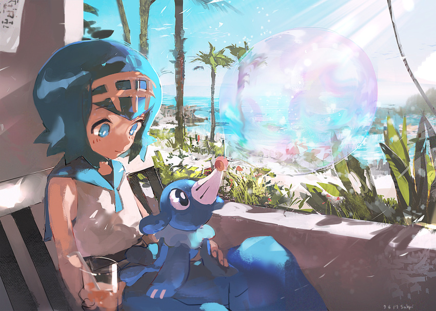 1girl baggy_pants beach blue_eyes blue_hair blue_sky blush bubble cup day drinking_glass drinking_straw grass hair_ornament ocean pants pokemon pokemon_(creature) pokemon_(game) pokemon_sm popplio sand shirt short_hair sitting skp sky sleeveless sleeveless_shirt smile suiren_(pokemon) swimsuit swimsuit_under_clothes tree trial_captain tropical