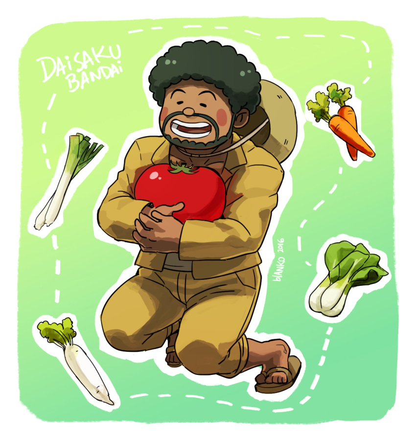 1boy afro artist_name bandai_daisaku beard blanko! carrot character_name closed_eyes curly_hair dangan_ronpa dangan_ronpa_3 dark_skin dark_skinned_male facial_hair food green_hair hat highres male_focus open_mouth sandals solo straw_hat teeth tomato vegetable