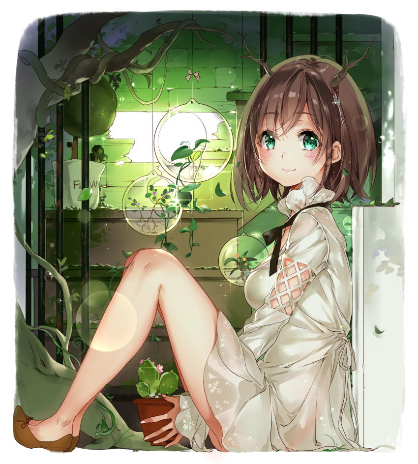 1girl antlers bangs bare_legs bars black_ribbon blush breasts broken broken_wall brown_hair brown_shoes cactus closed_mouth day dress eyebrows_visible_through_hair falling_leaves fingernails from_side full_body glass glint green_eyes highres holding holding_pot horns indoors key knees_up leaf lens_flare long_sleeves looking_at_viewer looking_to_the_side medium_breasts moss neck_ribbon original pebble pink_ribbon plant potted_plant ribbon roots sapling shelf shiny shiny_hair shoes short_dress short_hair sitting smile solo sparkle starpri sunlight tree vines water water_drop white_border white_dress wooden_wall