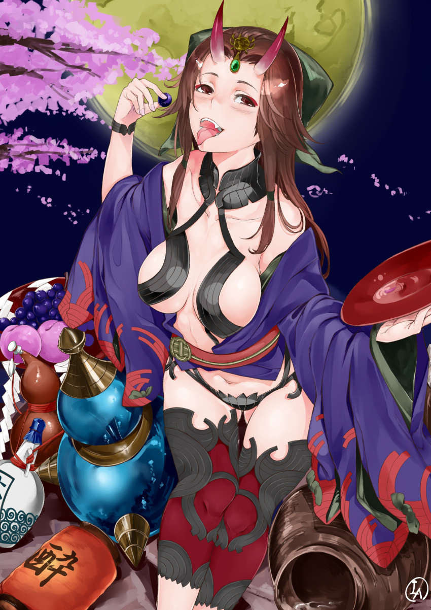 1girl absurdres breasts brown_eyes brown_hair cherry_blossoms cosplay cup fangs fate/grand_order fate_(series) food gourd greaves hair_ornament highres holding holding_cup holding_food horns iapoc japanese_clothes jintsuu_(kantai_collection) kantai_collection kimono lantern long_hair moon night off_shoulder oni oni_horns paper_lantern revealing_clothes sakazuki shuten_douji_(fate/grand_order) shuten_douji_(fate/grand_order)_(cosplay) sitting solo tongue tongue_out tree wide_sleeves