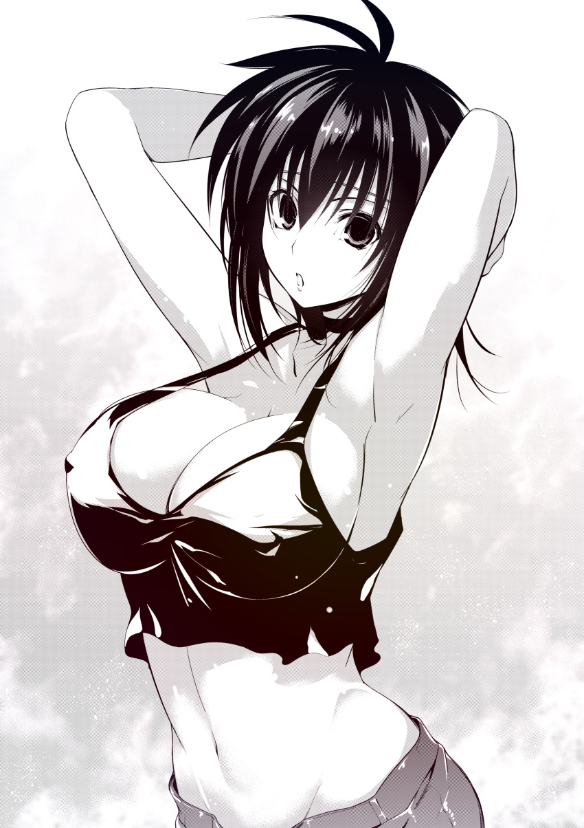 absurdres armpits arms_up bandanna breasts choker cleavage greyscale hand_behind_head highres jijii48 kirisawa_fuuko large_breasts looking_at_viewer midriff monochrome navel open_mouth rekka_no_honoo short_hair shorts