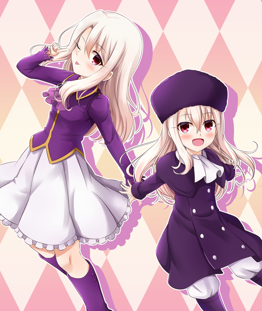 2girls :d ;p age_difference argyle argyle_background arm_up ascot bangs blonde_hair blush boots capelet coat collared_jacket commentary_request double-breasted eyebrows_visible_through_hair fate/stay_night fate/zero fate_(series) frilled_skirt frills fur_hat hair_between_eyes hat height_difference highres illyasviel_von_einzbern index_finger_raised jacket knee_boots long_hair long_sleeves looking_at_viewer morokoshi_(tekku) multiple_girls one_eye_closed open_mouth outstretched_arm outstretched_arms pants parted_bangs pink_background purple_boots purple_capelet purple_coat purple_hat purple_jacket red_eyes shadow shiny shiny_hair side_glance sidelocks skirt smile standing time_paradox tongue tongue_out white_pants white_skirt