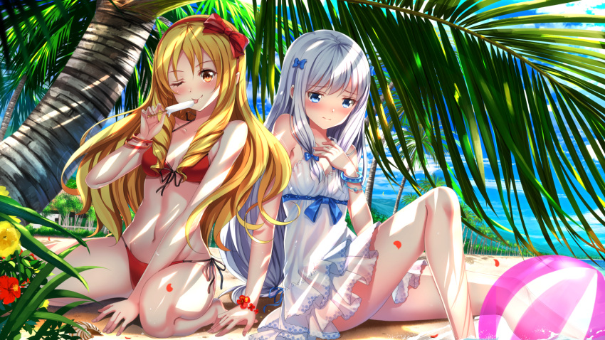 2girls ;p alternate_costume arm_support ball bare_shoulders barefoot beach beachball bikini blonde_hair blue_eyes blush bow breasts brown_eyes building day dress drill_hair embarrassed eromanga_sensei flower food forest hair_bow hairband hibiscus highres izumi_sagiri lens_flare long_hair looking_at_viewer looking_down midriff multiple_girls nature navel one_eye_closed outdoors palm_tree pointy_ears popsicle red_bikini red_bow short_dress silver_hair sitting small_breasts swimsuit swordsouls thighs tongue tongue_out tree twin_drills wariza water wavy_hair yamada_elf