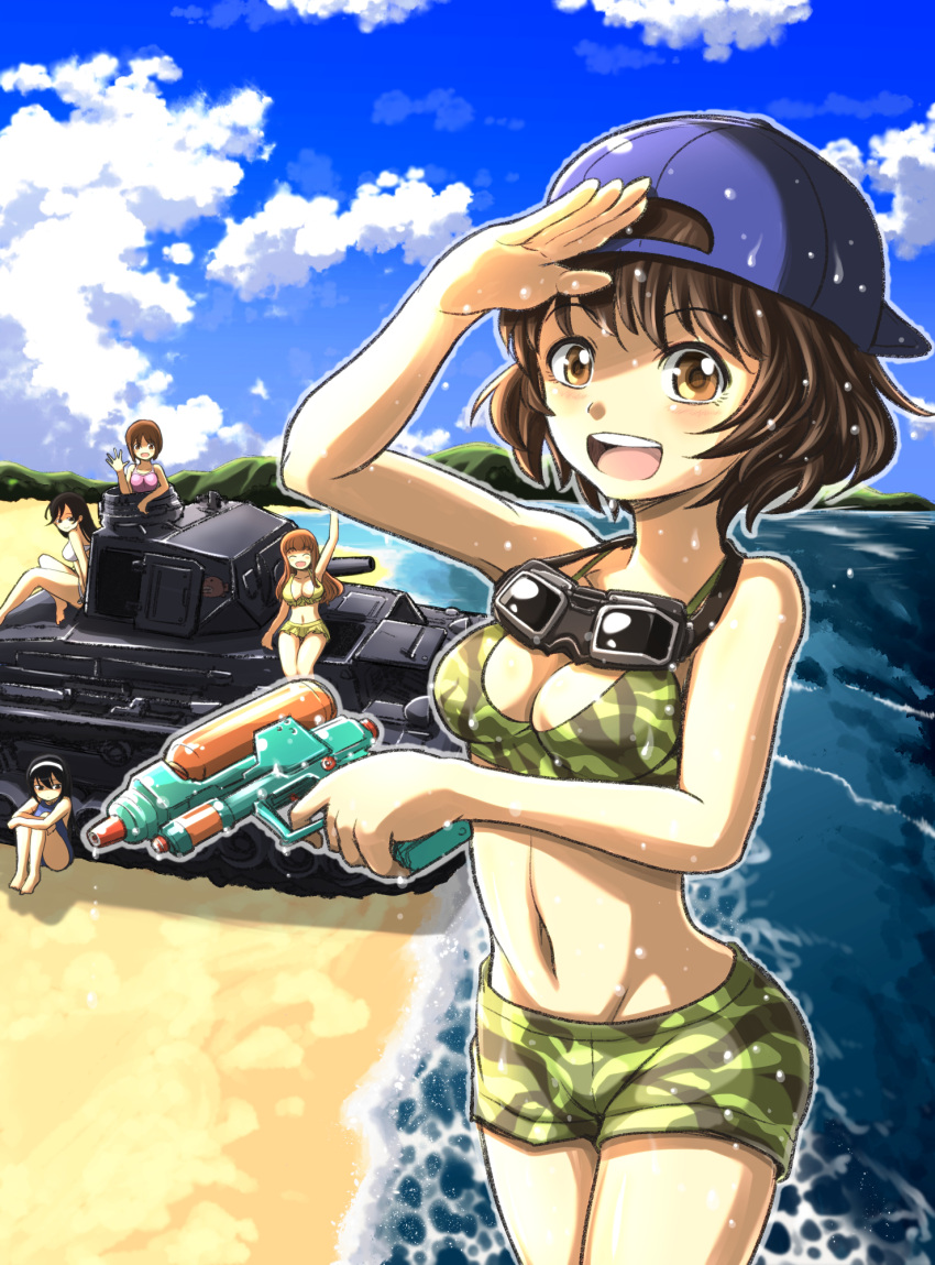 5girls ^_^ akiyama_yukari backwards_hat bikini black_hair blush breasts brown_eyes brown_hair camouflage camouflage_bikini camouflage_shorts cleavage closed_eyes girls_und_panzer goggles goggles_around_neck ground_vehicle hat headband highres isuzu_hana large_breasts long_hair looking_at_viewer medium_breasts midriff military military_vehicle motor_vehicle multiple_girls navel nishizumi_miho open_mouth pink_swimsuit reizei_mako school_swimsuit shading_eyes short_hair shorts smile swimsuit takebe_saori tank vehicle_request water_drop water_gun waving wet white_bikini yellow_bikini zatou_(kirsakizato)