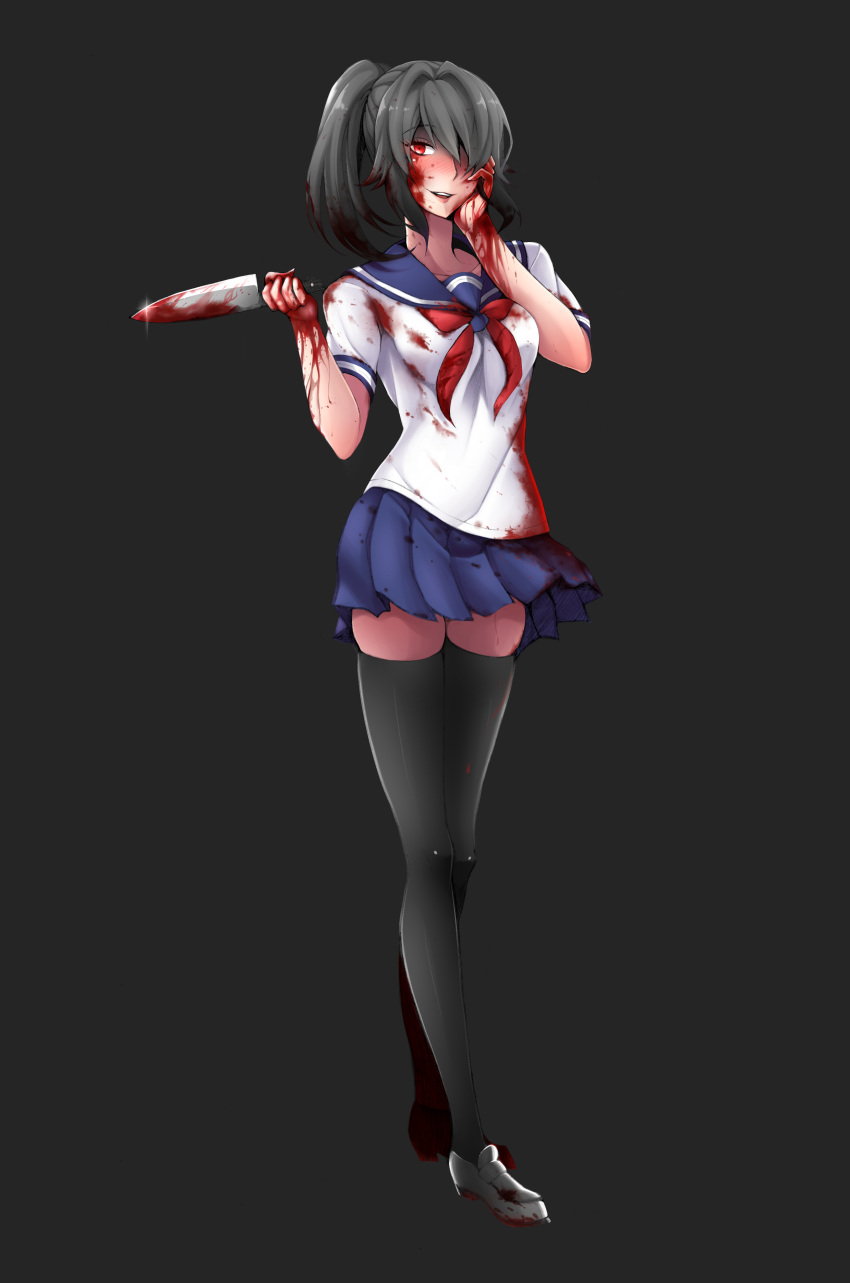 absurdres blood bloody_clothes evil_smile highres knife school_uniform smile thigh-highs yandere yandere-chan yandere_simulator