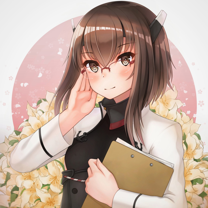 10s 1girl absurdres bespectacled blush bright_pupils brown_eyes brown_hair clipboard closed_mouth collar commentary_request eyebrows_visible_through_hair flat_chest floral_background glasses hair_between_eyes hand_on_own_cheek headband highres holding kadokawa_shoten kaleid kantai_collection long_sleeves looking_at_viewer over-rim_glasses red-framed_eyewear semi-rimless_glasses shiny shiny_hair short_hair_with_long_locks sidelocks smile solo taihou_(kantai_collection) upper_body