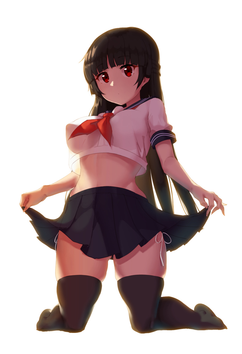 1girl absurdres bad_anatomy bangs black_hair black_legwear blunt_bangs breasts closed_mouth crop_top crop_top_overhang erect_nipples expressionless eyebrows_visible_through_hair full_body highres kneeling large_breasts long_hair looking_at_viewer midriff original panties pleated_skirt red_eyes school_uniform see-through_silhouette serafuku side-tie_panties simple_background skirt skirt_lift solo thigh-highs tigersaber underwear white_background