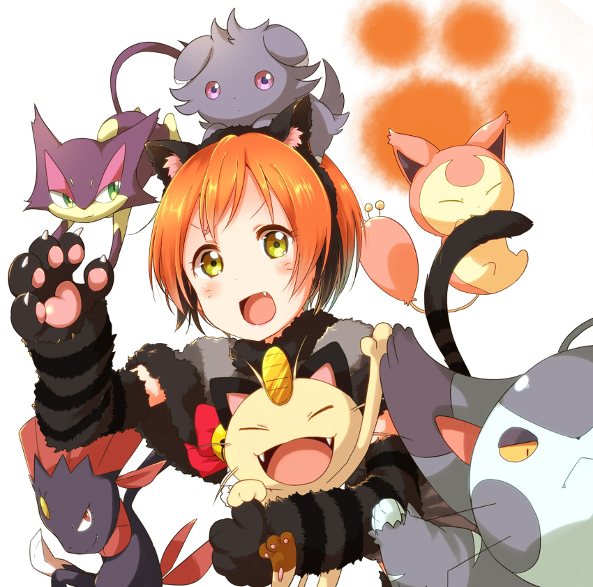 1girl :d animal_ears arm_up black_gloves black_hairband blush capelet cat_day cat_ears cat_tail crossover espurr fake_animal_ears fang gloves hairband highres hoshizora_rin ksk_(semicha_keisuke) looking_at_viewer love_live! love_live!_school_idol_project meowth open_mouth orange_hair paw_gloves paws pokemon purrloin purugly short_hair simple_background skitty smile tail weavile white_background yellow_eyes