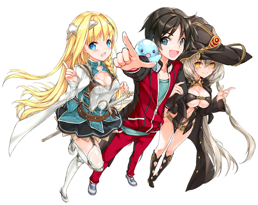 &gt;:d 1boy 2girls :d bangs black_boots black_skirt blue_eyes blush boku_no_heya_ga_dungeon_no_kyuukeisho_ni_natte_shimatta_kudan boots braid breasts center_opening cleavage coat eyebrows_visible_through_hair from_above full_body garter_straps grey_hair hair_intakes hat headpiece highleg highleg_leotard highres index_finger_raised jacket juna knee_boots large_breasts leotard long_hair looking_at_viewer medium_breasts multiple_girls navel navel_cutout on_shoulder open_clothes open_coat open_mouth pants pointing pointing_at_viewer revealing_clothes shiny shiny_hair side_braid sidelocks simple_background skirt smile standing teeth thigh-highs track_jacket track_pants track_suit very_long_hair white_background white_legwear witch_hat yellow_eyes