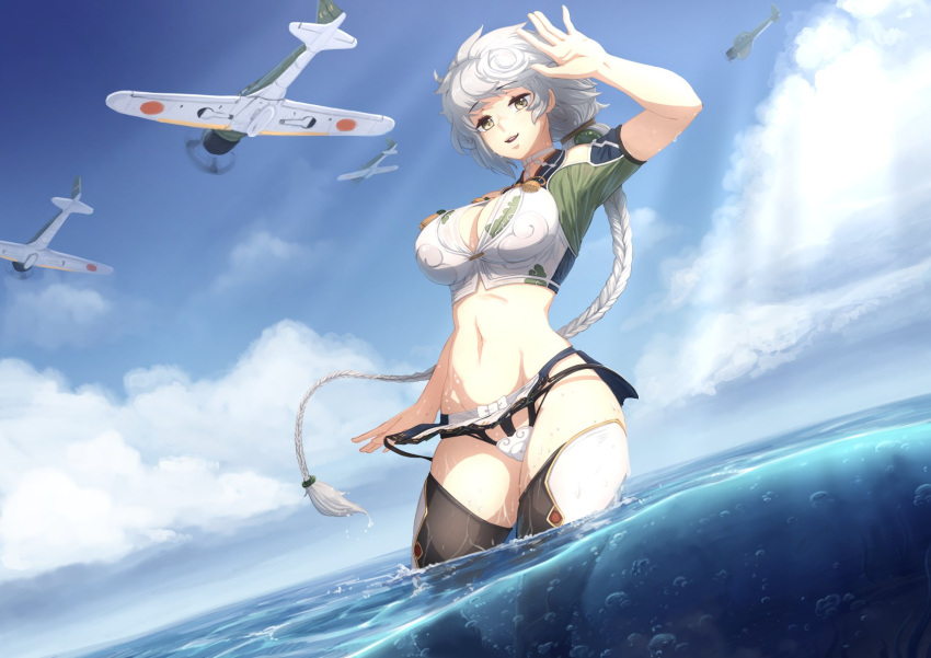 10s 1girl aircraft airplane barbariank black_legwear blue_sky braid breasts cloud_print clouds eyebrows_visible_through_hair groin hand_up highres kantai_collection large_breasts light_rays long_hair looking_at_viewer navel parted_lips partially_submerged partially_underwater_shot single_braid sky smile solo stomach sunbeam sunlight thigh-highs unryuu_(kantai_collection) very_long_hair water white_hair yellow_eyes