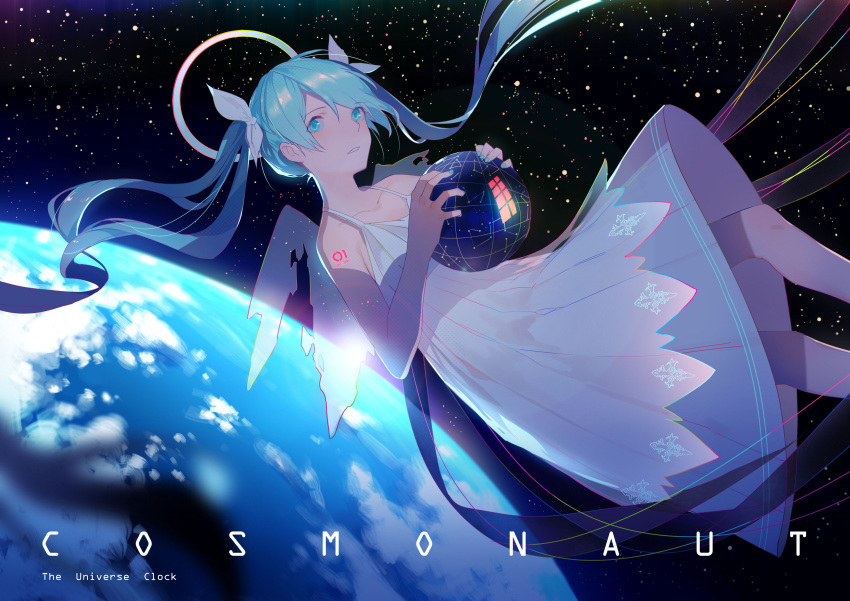 1girl absurdres blue_eyes blue_hair breasts collarbone dress floating_hair hair_ribbon hatsune_miku highres holding long_hair parted_lips ribbon ryuutsuki_basetsu sky sleeveless sleeveless_dress small_breasts solo space star_(sky) starry_sky tattoo transparent_wings twintails very_long_hair vocaloid white_dress white_ribbon