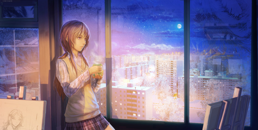 1girl arsenixc brown_hair building canvas_(object) cityscape clouds cup easel frost frown full_moon highres long_hair looking_away messy_hair moon mug night night_sky original painting_(object) pink_eyes ponytail red_eyes reflection revision shadow skirt sky snow snowing solo steam tea teacup window window_frost winter