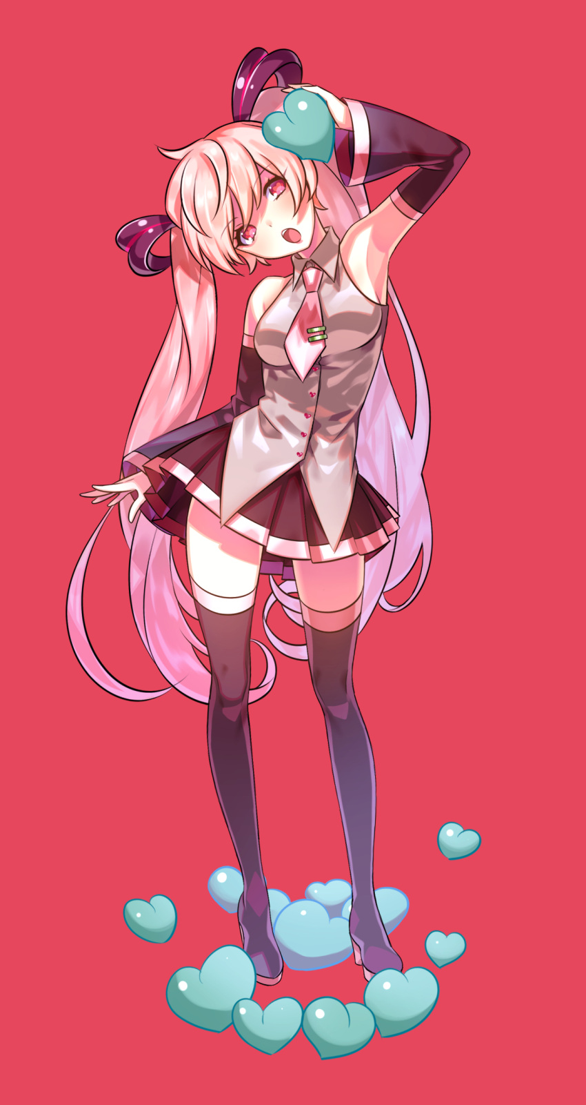 1girl :o alternate_color arm_at_side arm_up armpits bangs bare_shoulders black_boots black_skirt boots breasts buttons collared_shirt detached_sleeves eyebrows_visible_through_hair eyelashes full_body grey_shirt hagehiro hair_between_eyes hatsune_miku head_tilt heart heart-shaped_pupils highres holding holding_heart long_hair medium_breasts necktie open_mouth pink_eyes pink_hair pink_necktie pleated_skirt red_background shirt short_necktie simple_background skirt sleeveless sleeveless_shirt solo standing swept_bangs symbol-shaped_pupils teeth thigh-highs thigh_boots twintails very_long_hair vocaloid zettai_ryouiki