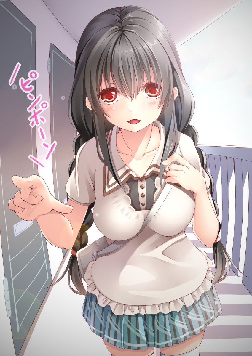 1girl absurdres bag between_breasts black_hair blush braid breasts creek_(moon-sky) highres long_hair looking_at_viewer medium_breasts open_mouth original pointing red_eyes smile solo standing thigh-highs twin_braids white_legwear