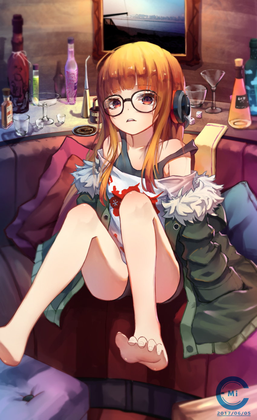1girl absurdres alcohol arms_at_sides bangs bar bare_legs bare_shoulders barefoot black-framed_eyewear blunt_bangs bottle c.mi cocktail_glass convenient_leg couch cup dated dice drinking_glass feet frown fur-trimmed_jacket fur_trim glasses green_jacket headphones highres jacket layered_clothing legs_up long_hair looking_at_viewer off_shoulder open_clothes open_jacket orange_eyes orange_hair painting_(object) parted_lips persona persona_5 pillow print_shirt sakura_futaba shirt shorts sitting soles solo strap_slip tank_top toe_scrunch toes